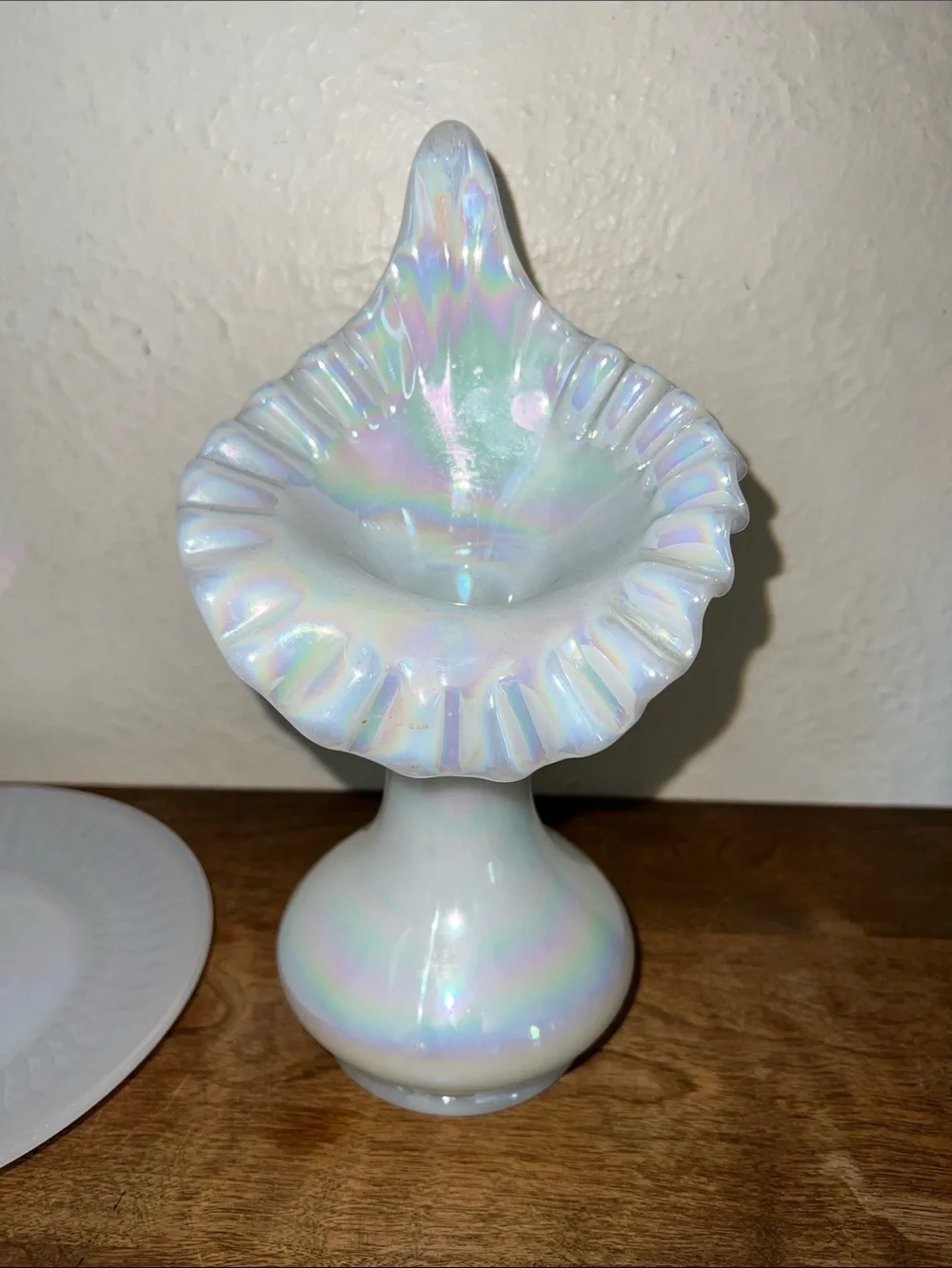 Vintage moonglow iridescent Federal glass vase and plates opalescent white